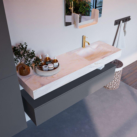 Mondiaz ALAN-DLUX Ensemble de meuble - 150cm - meuble - Plata mat - 1 tiroir - Lavabo Cloud Ostra suspendu - vasque droite - 1 trou de robinet - Beige SW807781