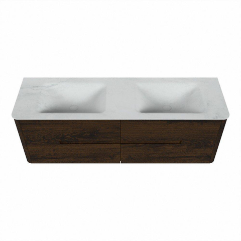 Mondiaz CIRO-DLUX Badkamermeubelset - 150x45x50cm - Solid surface wastafel Opalo - 2 wasbak Dubbel - zonder kraangaten - 4 lades - Walnut SW1530326