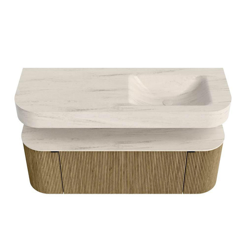 MONDIAZ THOR-DLUX 130cm meuble de salle de bains arrondi gauche + droite couleur Dusk avec 1 tiroir et 2 portes. Vasque suspendue CLOUD Droite sans trou de robinet couleur Meli. SW1463798