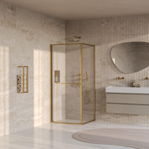 BRAUER Luminis Douchecabine - 90x90x200cm - 2-delig naar binnen draaiend - helder glas - omkeerbaar - incl. glascoating - geborsteld goud PVD SW1580990