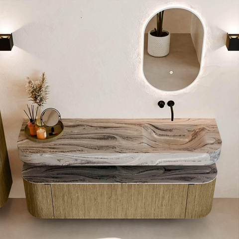 MONDIAZ THOR-DLUX 160cm meuble de salle de bains arrondi gauche + droite couleur Dusk avec 1 tiroir et 2 portes. Vasque suspendue CLOUD Droite sans trou de robinet couleur Sombra. SW1465390