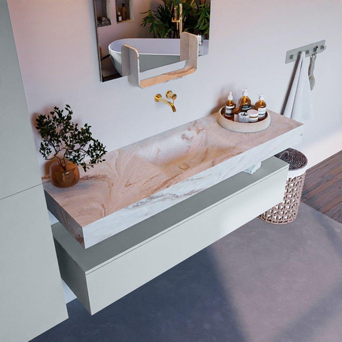 Mondiaz ALAN-DLUX Ensemble de meuble - 150cm - meuble Clay mat - 1 tiroir - Lavabo Cloud Frappe suspendu - vasque Centre - 0 trous de robinet SW805303