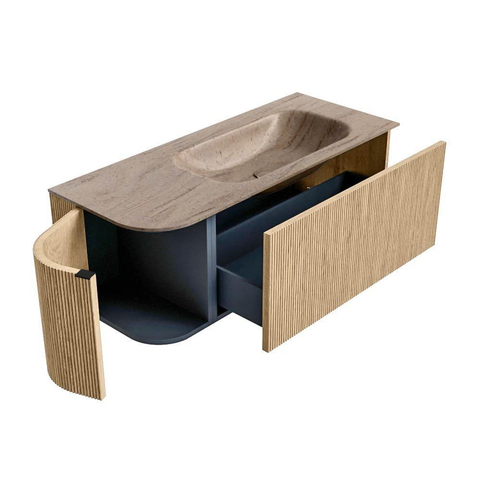 MONDIAZ KURVE-DLUX Meuble de salle de bains 115 cm arrondi à gauche couleur Chêne avec 1 tiroir et 1 porte. Lavabo BIG SMALL à droite sans trou de robinet Saba. SW1434045