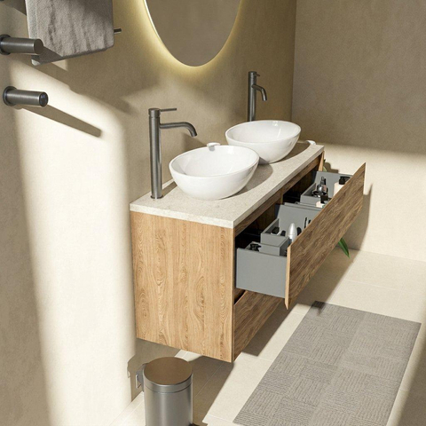 Saniclass Holz Pure Badkamermeubelset - 120x45x63cm - Travertine natuurstenen topblad - 2 kraangaten - 4 lades - mat eiken natural (hout) SW1478888