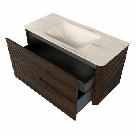 Mondiaz CIRO-DLUX Badkamermeubelset - 100x45x50cm - Solid surface wastafel Meli - 1 wasbak Midden - 1 kraangat - 2 lades - Walnut SW1533776