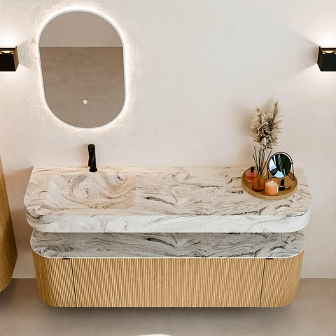 MONDIAZ THOR-DLUX 160cm badmeubel ronding links + rechts kleur Oak met 1 lade en 2 deuren. Vrijhangende wastafel CLOUD Links 1 kraangat kleur Glace. SW1464954