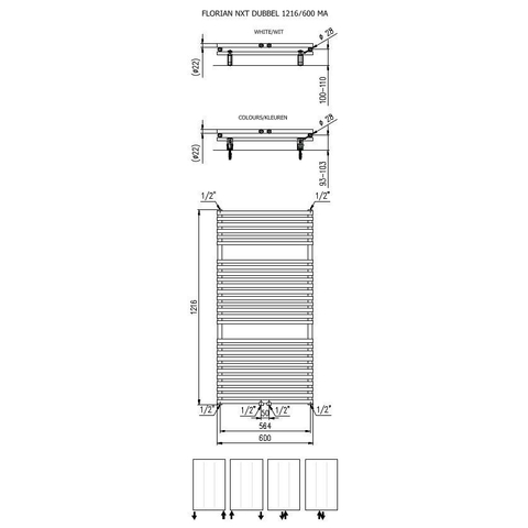 Plieger Florian Nxt M designradiator dubbel horizontaal met middenaansluiting 1216x600mm 980W wit 7255226