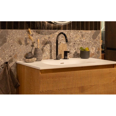 Saniclass Flow Vasque à poser sur meuble - 81x46x1.5cm - trop-plein - 1 cuve au centre - 1 trou de robinet - solid surface blanc mat SW1174114