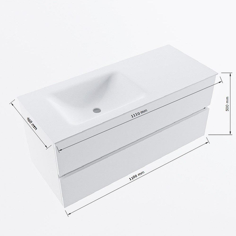 VICA-DLUX 110 cm en finition Chêne Lavé (Washed Oak), avec 2 tiroirs. Vasque encastrée CLOUD à gauche, 1 trou pour robinet, coloris Frappe. SW901631