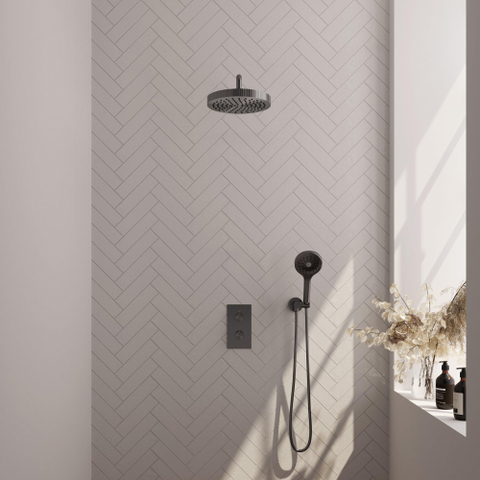 BRAUER Stripe Douche de tête thermostatique encastrée - 3 voies - rectangulaire - pomme de douche 25cm - bras mural courbé - douchette 3 positions - flexible de douche - coude mural - gunmetal brossé PVD SW1435220