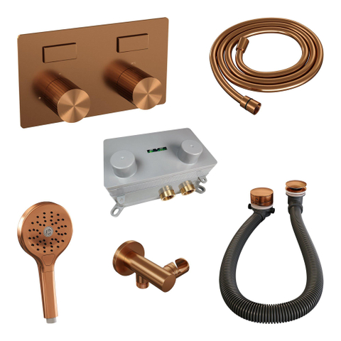 BRAUER Stripe Mitigeur thermostatique de baignoire - boutons-poussoirs - SET 03 - encastré - combinaison de remplissage de baignoire - douchette à main - flexible de douche - coude mural - cuivre brossé PVD SW1434911