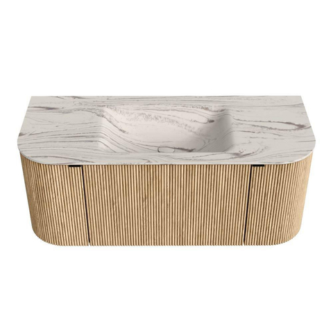 MONDIAZ KURVE-DLUX 110cm badmeubel ronding Links + Rechts kleur Oak met 1 lade en 2 deuren. Wastafel CLOUD Midden zonder kraangat Nata. SW1432071