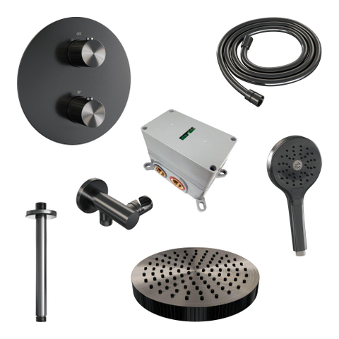 BRAUER Stripe Thermostatische Inbouw Regendouche - 3-weg - rond - SET 42 - 25cm douchekop - plafondarm - 3-standen handdouche - doucheslang - wandaansluitbocht - gunmetal geborsteld PVD SW1435013