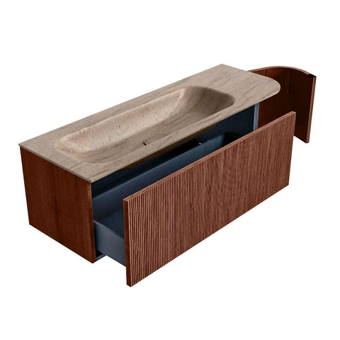 MONDIAZ KURVE-DLUX Meuble de salle de bains 135cm arrondi à droite couleur Ruby avec 1 tiroir et 1 porte. Lavabo BIG MEDIUM à gauche 1 trou de robinet Saba. SW1433482