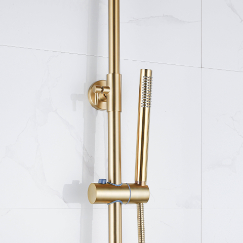Fortifura Calvi Regendoucheset - thermostatisch - 30cm - hoofddouche - gladde slang - staaf handdouche - PVD - geborsteld messing (goud) SW1204437