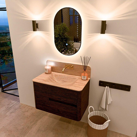 Mondiaz CIRO-DLUX Badkamermeubelset - 80x45x50cm - Solid surface wastafel Saba - 1 wasbak Midden - zonder kraangaten - 2 lades - Walnut SW1530653