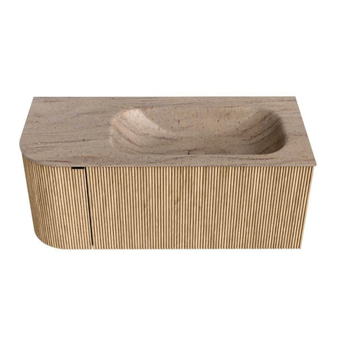 MONDIAZ KURVE-DLUX Meuble de salle de bains 105cm arrondi à gauche couleur Oak avec 1 tiroir et 1 porte. Lavabo BIG SMALL à droite 1 trou de robinet Saba. SW1433062