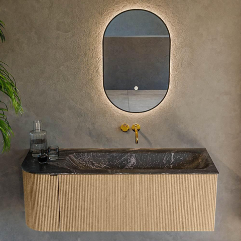 MONDIAZ KURVE-DLUX meuble de salle de bains 125cm avec module 25 L couleur chêne avec 1 tiroir et 1 porte. Lavabo BIG MEDIUM à droite sans trou de robinet couleur lave. SW1138116