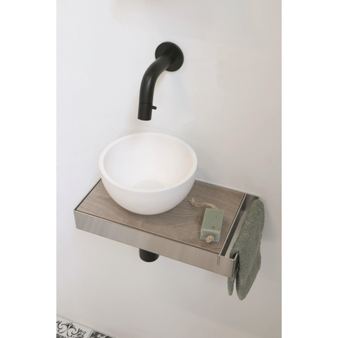 Ink Jazz XS lave-mains – rond – 36 x 20 cm – polystone blanc mat – vasque à gauche – cadre inox et tablette chêne greige SW541205