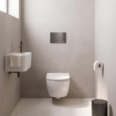 QeramiQ Dely Swirl Ensemble WC - 36.3x51.7cm - cuvette profonde - sans bride - réservoir encastré Geberit UP720 Duofix Sigma - abattant fin - plaque de commande gunmetal - boutons rectangulaires - blanc mat SW1414022