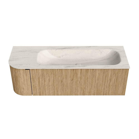 MONDIAZ KURVE-DLUX Meuble de salle de bains 135 cm arrondi à gauche couleur Chêne avec 1 tiroir et 1 porte. Lavabo BIG MEDIUM à droite 1 trou de robinet Meli. SW1431603