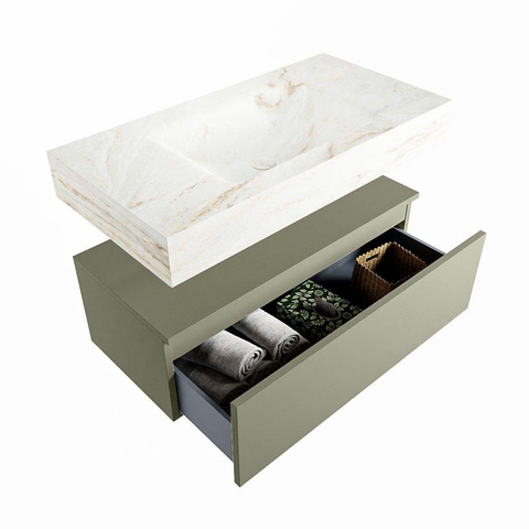Mondiaz ALAN-DLUX Ensemble de meuble - 90cm - meuble Army mat - 1 tiroir - Lavabo Cloud Frappe suspendu - vasque Centre - 1 trou de robinet SW805397