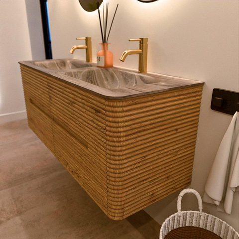 Mondiaz CIRO-DLUX Meuble de salle de bains - 130x45x50cm - Plan-vasque solid surface Sombra - 2 vasques double - 2 trous de robinet - 4 tiroirs - Chêne SW1531262