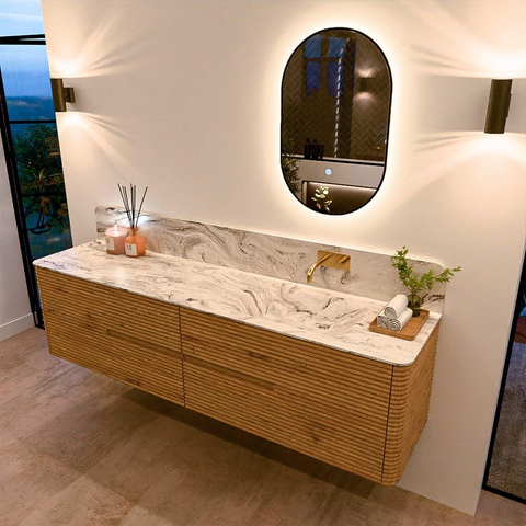Mondiaz CIRO-DLUX Badkamermeubelset - 190x45x50cm - Solid surface wastafel Glace - 1 wasbak Rechts - zonder kraangaten - 4 lades - Oak SW1531052