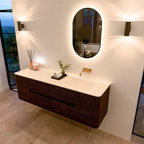 Mondiaz CIRO-DLUX Ensemble de meubles de salle de bains - 160x45x50cm - plan-vasque solid surface Meli - 1 lavabo à droite - sans trous de robinet - 4 tiroirs - Noyer SW1530533