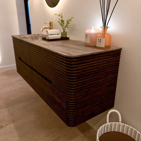 Mondiaz CIRO-DLUX Badkamermeubelset - 140x45x50cm - Solid surface wastafel Oza - 1 wasbak Links - 1 kraangat - 4 lades - Walnut SW1530623