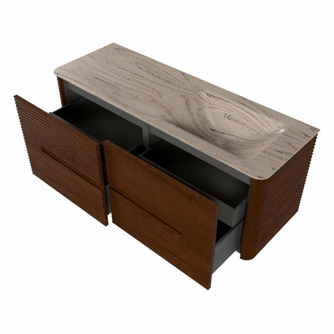 Mondiaz CIRO-DLUX Badkamermeubelset - 130x45x50cm - Solid surface wastafel Arena - 1 wasbak Rechts - 1 kraangat - 4 lades - Ruby SW1531698
