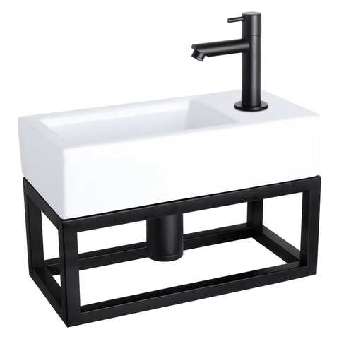 Differnz Ravo Set lave-mains 38.5x18.5x25cm 1 trou avec robinet droit et siphon + bonde noir mat - Vasque rectangulaire Céramique Blanc SW373163