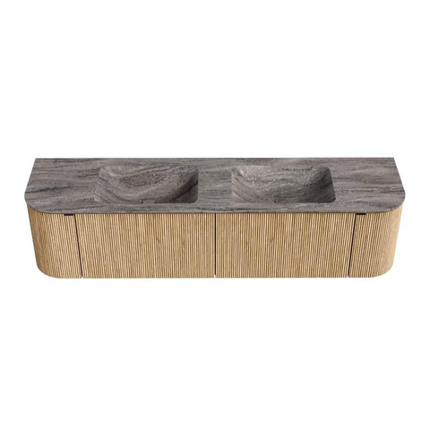 MONDIAZ KURVE-DLUX 180cm badmeubel ronding Links + Rechts kleur Oak met 2 lades en 2 deuren. Wastafel LEAF Dubbel 2 kraangaten Oza. SW1432693