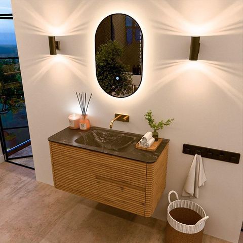 Mondiaz CIRO-DLUX Meuble de salle de bains - 100x45x50cm - Plan-vasque solid surface Lava - 1 cuve au milieu - sans trous de robinetterie - 2 tiroirs - Chêne SW1531071