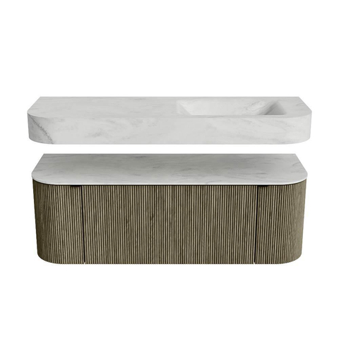 MONDIAZ THOR-DLUX 130cm badmeubel ronding links + rechts kleur Shadow met 1 lade en 2 deuren. Vrijhangende wastafel CLOUD Rechts zonder kraangat kleur Opalo. SW1463819