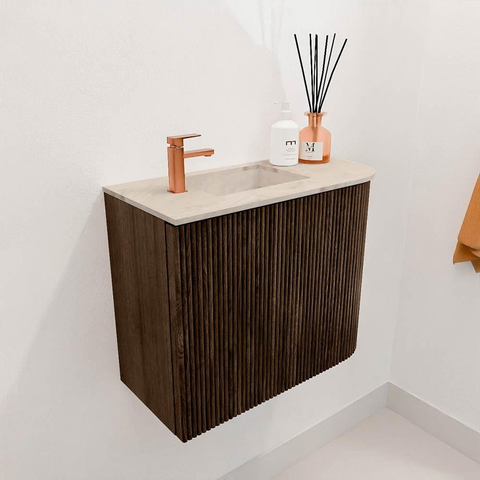 Mondiaz JOYA-DLUX Meuble de toilette 51,6cm - arrondi droit couleur Walnut - Vasque FAYE position Gauche 1 trou de robinet couleur Frappe SW1422317