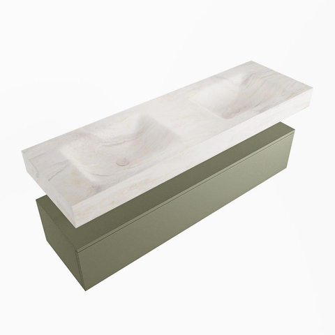 Mondiaz ALAN-DLUX Ensemble de meuble - 150cm - meuble - Army mat - 1 tiroir - Lavabo Cloud Ostra suspendu - vasque gauche et droite - 2 trous de robinet - Beige SW807809