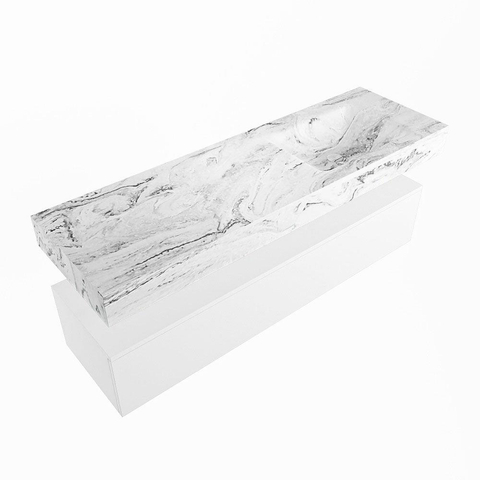 Mondiaz ALAN-DLUX Ensemble de meuble - 150cm - meuble Talc mat - 1 tiroir - Lavabo Cloud Glace suspendu - vasque Droite - 1 trou de robinet SW805119