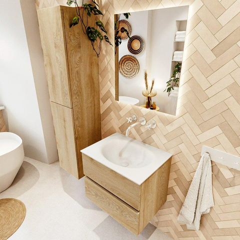 MONDIAZ VICA meuble sous lavabo 60cm Chêne blanchi 2 tiroirs. Lavabo MOON central sans trou de robinet, couleur Talc. SW1381814