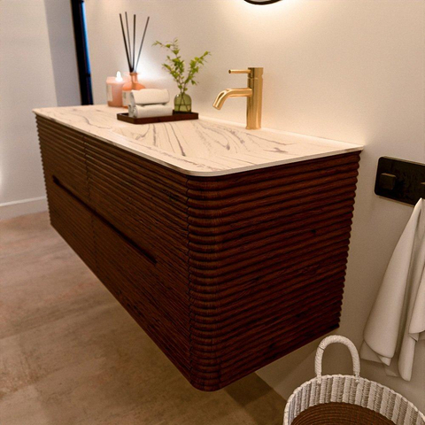 Mondiaz CIRO-DLUX Badkamermeubelset - 130x45x50cm - Solid surface wastafel Nata - 1 wasbak Rechts - 1 kraangat - 4 lades - Ruby SW1532040