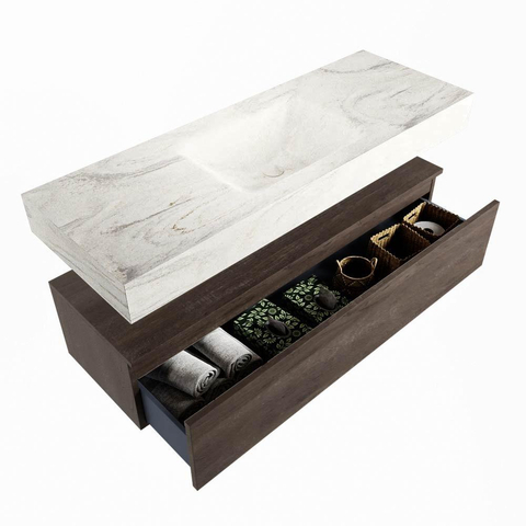 Mondiaz ALAN-DLUX Ensemble de meuble de salle de bain - 130x46cm - 1 tiroir - vasque suspendue - sans trous de robinetterie - 1 au centre - Dark Brown (chêne foncé) SW1159506