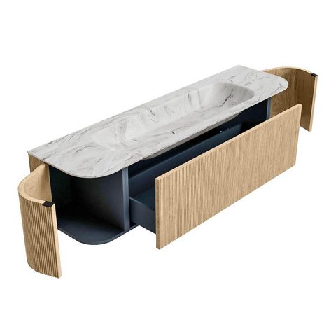 MONDIAZ KURVE-DLUX Meuble de salle de bains 170cm avec module 25 Len R couleur Oak avec 1 tiroir et 2 portes. Lavabo BIG LARGE central sans trou de robinet couleur Glace. SW1137981