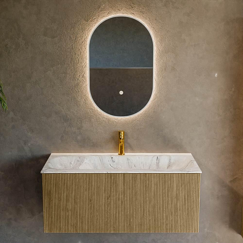 Mondiaz KURVE-DLUX Ensemble de meuble de salle de bains - 100x46x40cm - 1 tiroir - lavabo solid surface - central - 1 trou de robinet - Dusk SW1415479