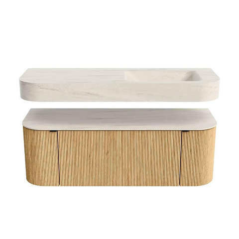 MONDIAZ THOR-DLUX 130cm badmeubel ronding links + rechts kleur Oak met 1 lade en 2 deuren. Vrijhangende wastafel CLOUD Rechts 1 kraangat kleur Meli. SW1463842