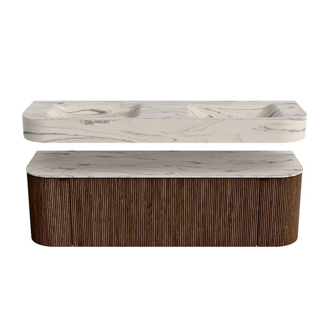 MONDIAZ THOR-DLUX 150cm meuble de salle de bains arrondi gauche + droite couleur Walnut avec 1 tiroir et 2 portes. Vasque suspendue CLOUD Double 2 trous de robinet couleur Nata. SW1464805