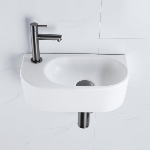QeramiQ Fuente fonteinset – halfrond – 40x21.5x12 cm – keramiek wit mat – kraangat links – kraan gunmetal SW1232827