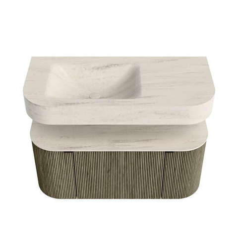 MONDIAZ THOR-DLUX 100cm meuble de salle de bains arrondi gauche + droite couleur Shadow avec 1 tiroir et 2 portes. Vasque suspendue CLOUD Gauche 1 trou de robinet couleur Meli. SW1467494