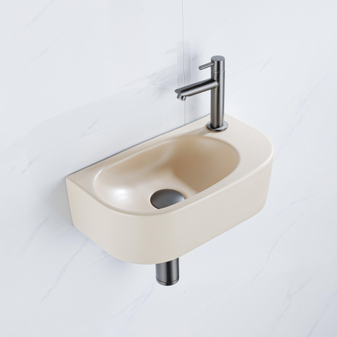 QeramiQ Fuente pack lave-mains – demi-rond – 40 x 21,5 x 12 cm – céramique beige – perçage à droite – robinet gunmetal SW1232832