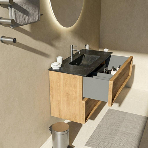 Saniclass Holz Frame Ensemble de meubles de salle de bains - 100x45x62cm - Vasque Vygo en céramique noire - 1 vasque - 1 trou de robinetterie - 2 tiroirs - chêne natural mat (bois) SW1580011