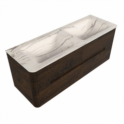Mondiaz CIRO-DLUX Ensemble de meubles de salle de bains - 130x45x50cm - lavabo solid surface Nata - 2 vasques double - sans trous de robinet - 4 tiroirs - Noyer SW1530575